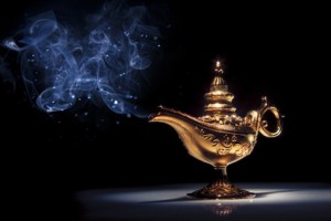 aladdin magic lamp on black with smoke